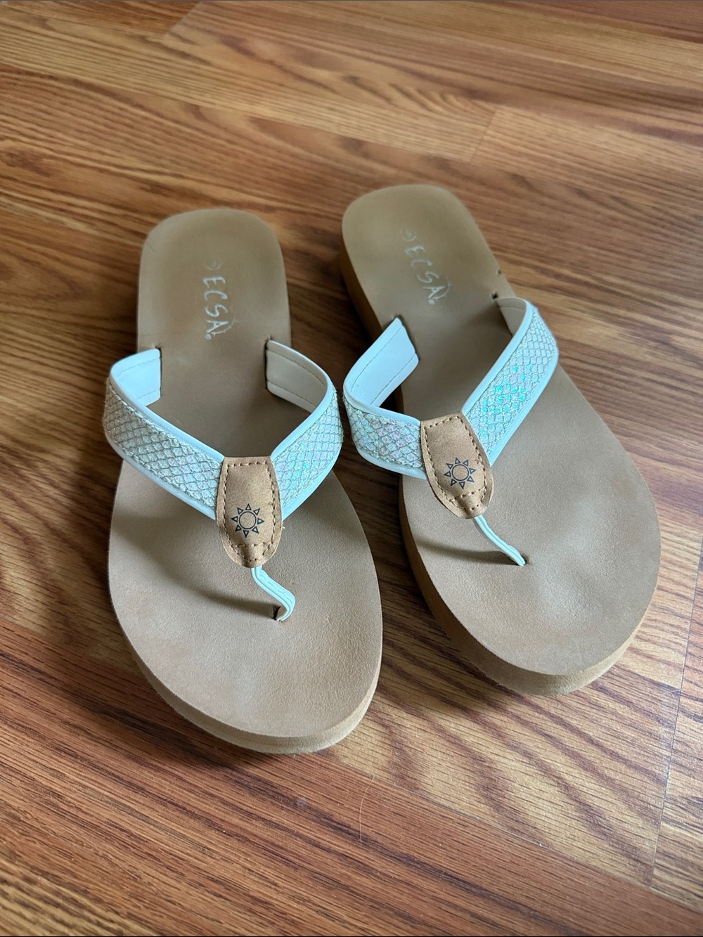 White & Tan Wedge Thong Sandals